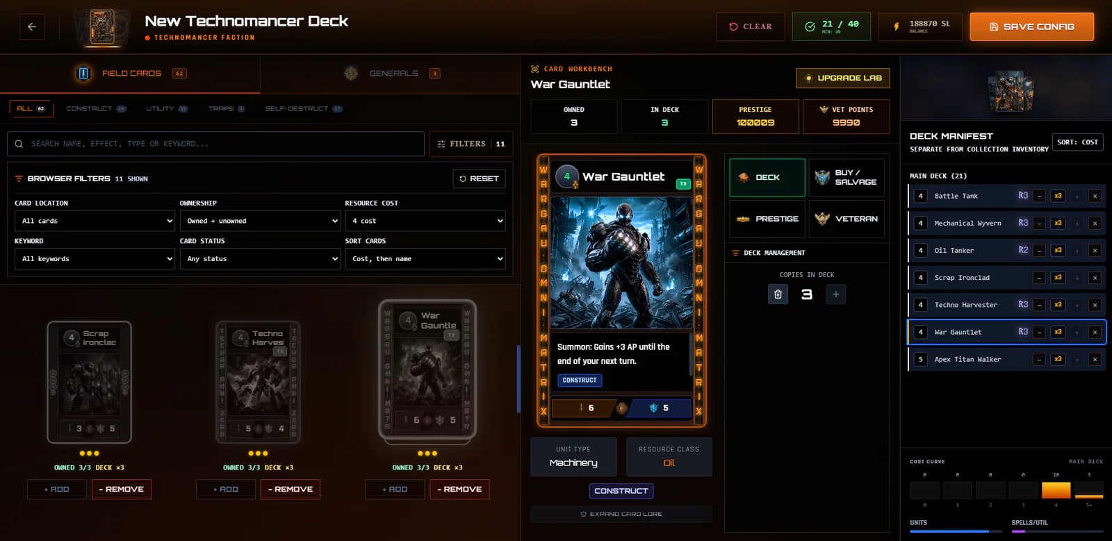The Star Nations Deck Builder showing card filters, card upgrades, deck controls, and the deck list