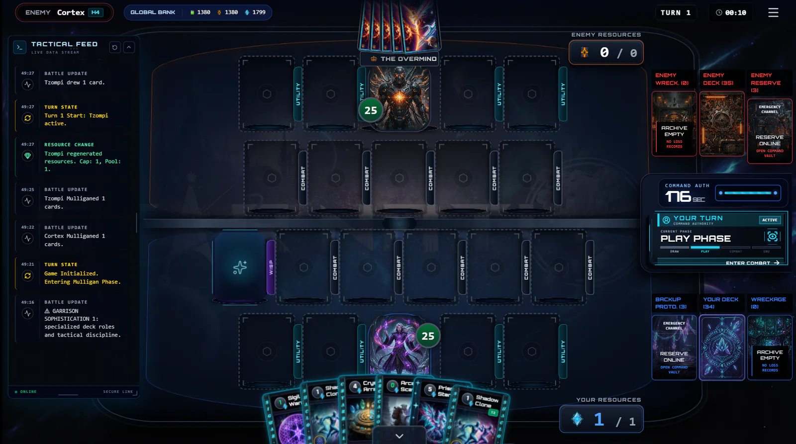 A Star Nations match showing the five Combat slots, four Utility slots, cards in hand, and the turn controls