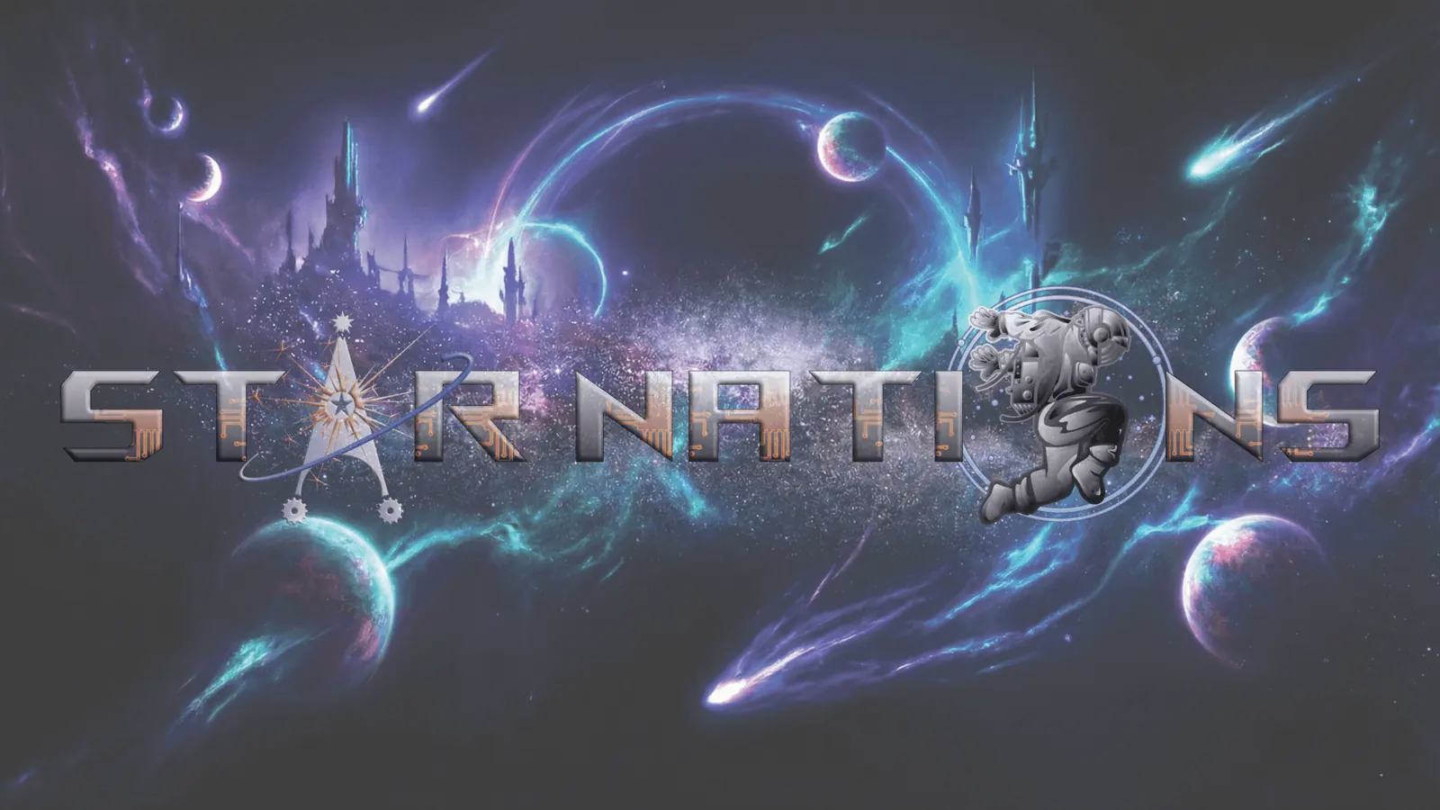 Star Nations cosmic battlefield with planetary systems and the game logo